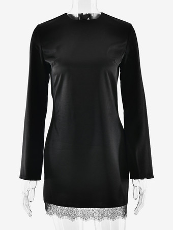 ブラック レーストリムサテンミニドレス（女性用） - エレガントな長袖ボディコン - 春のデートナイトウェア 2026