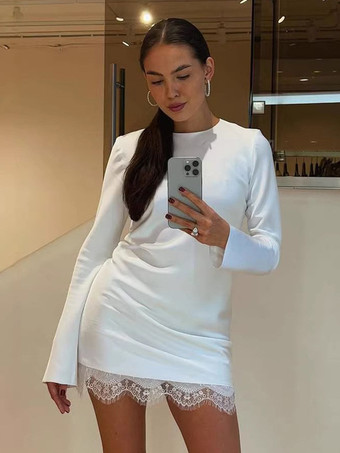 レーストリムサテンミニドレス（女性用） - エレガントな長袖ボディコン - 春のデートナイトウェア 2026