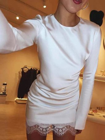 レーストリムサテンミニドレス（女性用） - エレガントな長袖ボディコン - 春のデートナイトウェア 2026