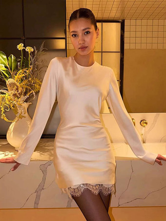 ホワイト レーストリムサテンミニドレス（女性用） - エレガントな長袖ボディコン - 春のデートナイトウェア 2026