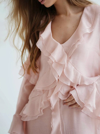 ボヘミアン風フリルVネックマキシドレス（女性用） - ピンクリヨセル素材のロマンティックなコテージコア風レイヤードフローリーガウン - 夏のビーチガーデンパーティー2026