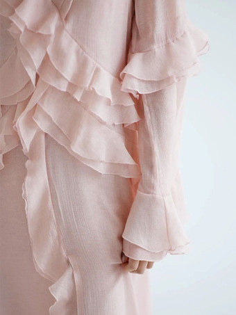 ボヘミアン風フリルVネックマキシドレス（女性用） - ピンクリヨセル素材のロマンティックなコテージコア風レイヤードフローリーガウン - 夏のビーチガーデンパーティー2026