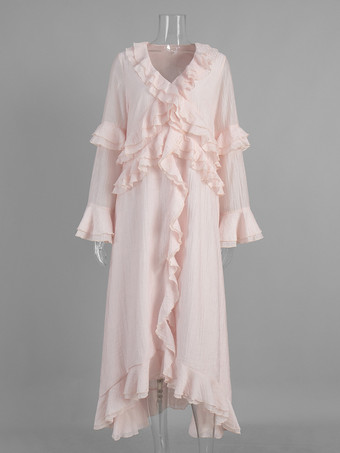 ボヘミアン風フリルVネックマキシドレス（女性用） - ピンクリヨセル素材のロマンティックなコテージコア風レイヤードフローリーガウン - 夏のビーチガーデンパーティー2026