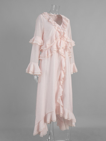 ボヘミアン風フリルVネックマキシドレス（女性用） - ピンクリヨセル素材のロマンティックなコテージコア風レイヤードフローリーガウン - 夏のビーチガーデンパーティー2026