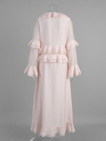 ボヘミアン風フリルVネックマキシドレス（女性用） - ピンクリヨセル素材のロマンティックなコテージコア風レイヤードフローリーガウン - 夏のビーチガーデンパーティー2026