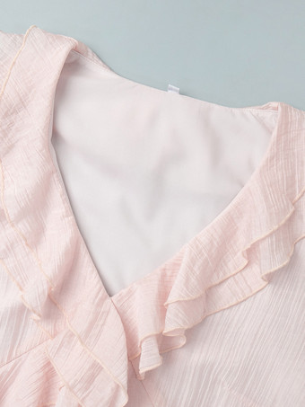 ボヘミアン風フリルVネックマキシドレス（女性用） - ピンクリヨセル素材のロマンティックなコテージコア風レイヤードフローリーガウン - 夏のビーチガーデンパーティー2026