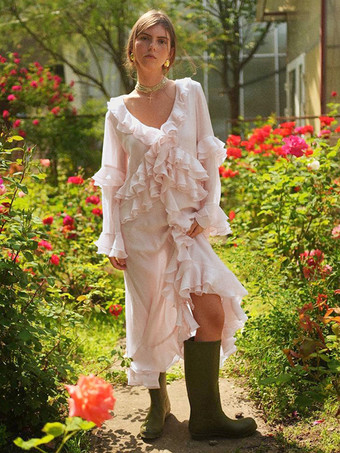 ボヘミアン風フリルVネックマキシドレス（女性用） - ピンクリヨセル素材のロマンティックなコテージコア風レイヤードフローリーガウン - 夏のビーチガーデンパーティー2026