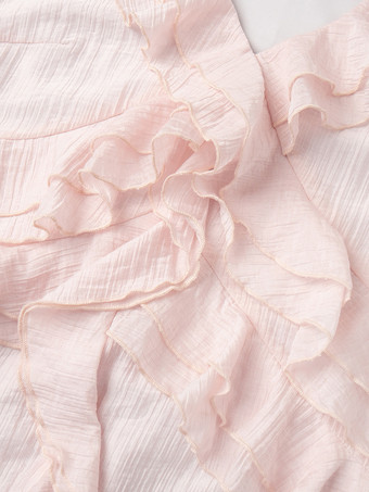 ボヘミアン風フリルVネックマキシドレス（女性用） - ピンクリヨセル素材のロマンティックなコテージコア風レイヤードフローリーガウン - 夏のビーチガーデンパーティー2026