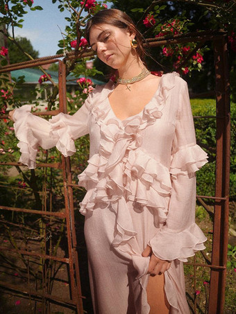 ボヘミアン風フリルVネックマキシドレス（女性用） - ピンクリヨセル素材のロマンティックなコテージコア風レイヤードフローリーガウン - 夏のビーチガーデンパーティー2026