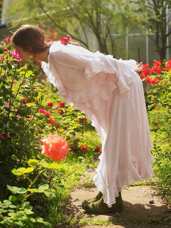 ボヘミアン風フリルVネックマキシドレス（女性用） - ピンクリヨセル素材のロマンティックなコテージコア風レイヤードフローリーガウン - 夏のビーチガーデンパーティー2026