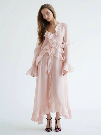 ボヘミアン風フリルVネックマキシドレス（女性用） - ピンクリヨセル素材のロマンティックなコテージコア風レイヤードフローリーガウン - 夏のビーチガーデンパーティー2026