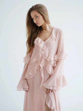 ボヘミアン風フリルVネックマキシドレス（女性用） - ピンクリヨセル素材のロマンティックなコテージコア風レイヤードフローリーガウン - 夏のビーチガーデンパーティー2026