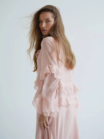 ボヘミアン風フリルVネックマキシドレス（女性用） - ピンクリヨセル素材のロマンティックなコテージコア風レイヤードフローリーガウン - 夏のビーチガーデンパーティー2026