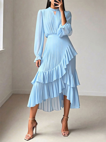 ライトスカイブルーエレガントなプリーツミディドレス（女性用） - レイヤードフリルシフォンガウン - 2026年春の結婚式ゲスト衣装