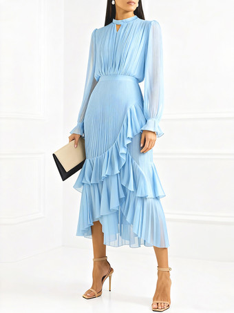 エレガントなプリーツミディドレス（女性用） - レイヤードフリルシフォンガウン - 2026年春の結婚式ゲスト衣装