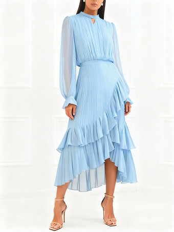 エレガントなプリーツミディドレス（女性用） - レイヤードフリルシフォンガウン - 2026年春の結婚式ゲスト衣装