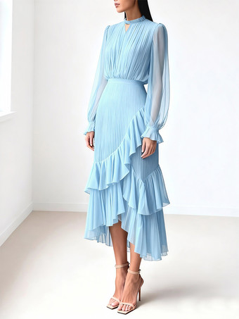 エレガントなプリーツミディドレス（女性用） - レイヤードフリルシフォンガウン - 2026年春の結婚式ゲスト衣装