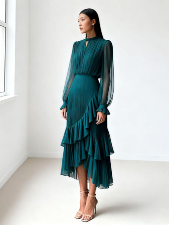 ダークグリーンエレガントなプリーツミディドレス（女性用） - レイヤードフリルシフォンガウン - 2026年春の結婚式ゲスト衣装