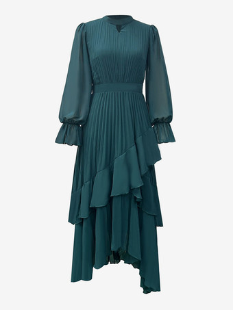 エレガントなプリーツミディドレス（女性用） - レイヤードフリルシフォンガウン - 2026年春の結婚式ゲスト衣装