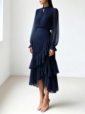 エレガントなプリーツミディドレス（女性用） - レイヤードフリルシフォンガウン - 2026年春の結婚式ゲスト衣装