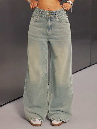 ライトスカイブルーハイライズバギージーンズ（レディース） - ライトブルーのダーティエフェクトワイドレッグウォッシュドデニムパンツ - スプリングミュージックフェスティバル2026