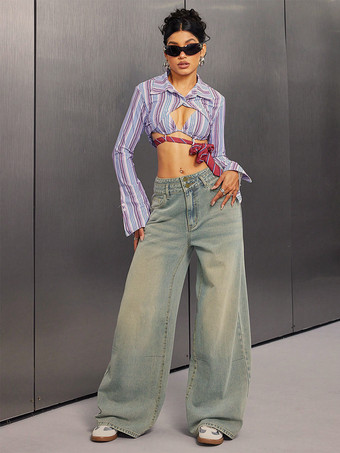 ハイライズバギージーンズ（レディース） - ライトブルーのダーティエフェクトワイドレッグウォッシュドデニムパンツ - スプリングミュージックフェスティバル2026