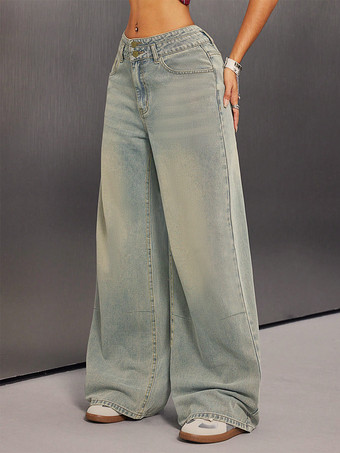 ハイライズバギージーンズ（レディース） - ライトブルーのダーティエフェクトワイドレッグウォッシュドデニムパンツ - スプリングミュージックフェスティバル2026
