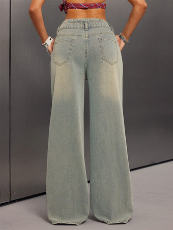 ハイライズバギージーンズ（レディース） - ライトブルーのダーティエフェクトワイドレッグウォッシュドデニムパンツ - スプリングミュージックフェスティバル2026