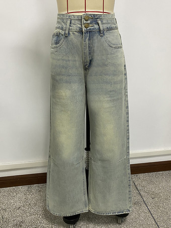 ハイライズバギージーンズ（レディース） - ライトブルーのダーティエフェクトワイドレッグウォッシュドデニムパンツ - スプリングミュージックフェスティバル2026