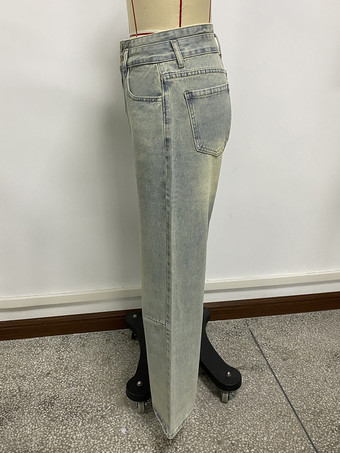 ハイライズバギージーンズ（レディース） - ライトブルーのダーティエフェクトワイドレッグウォッシュドデニムパンツ - スプリングミュージックフェスティバル2026