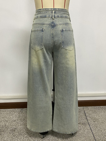 ハイライズバギージーンズ（レディース） - ライトブルーのダーティエフェクトワイドレッグウォッシュドデニムパンツ - スプリングミュージックフェスティバル2026