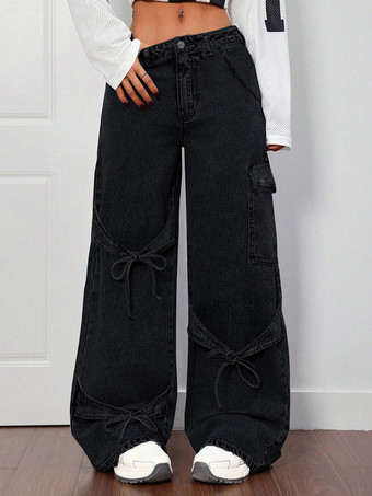 ブラック レディースワイドレッグカーゴジーンズ - Y2Kレトロボウタイストラップ付きルーズウォッシュドデニムパンツ - 2026年春の音楽フェスティバルストリートウェア