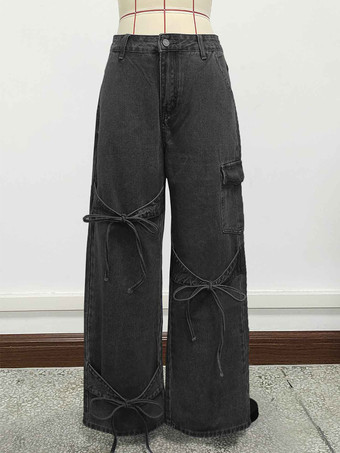 レディースワイドレッグカーゴジーンズ - Y2Kレトロボウタイストラップ付きルーズウォッシュドデニムパンツ - 2026年春の音楽フェスティバルストリートウェア