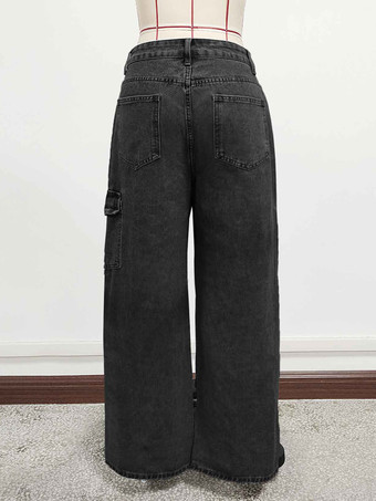 レディースワイドレッグカーゴジーンズ - Y2Kレトロボウタイストラップ付きルーズウォッシュドデニムパンツ - 2026年春の音楽フェスティバルストリートウェア