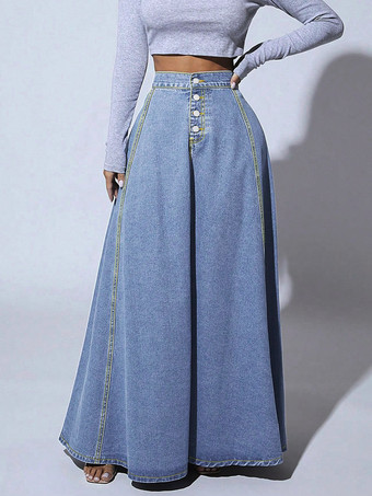 ハイウエストパネルデニムマキシスカート（レディース） - ブルーボヘミアンAラインフレアロングスカート（ボタン付き） - 2026年春カジュアルストリートウェア