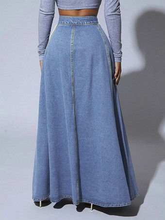 ハイウエストパネルデニムマキシスカート（レディース） - ブルーボヘミアンAラインフレアロングスカート（ボタン付き） - 2026年春カジュアルストリートウェア