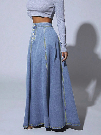 ハイウエストパネルデニムマキシスカート（レディース） - ブルーボヘミアンAラインフレアロングスカート（ボタン付き） - 2026年春カジュアルストリートウェア