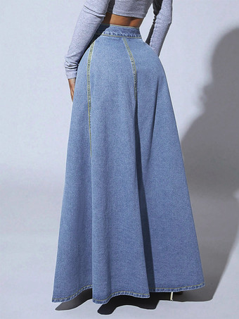ハイウエストパネルデニムマキシスカート（レディース） - ブルーボヘミアンAラインフレアロングスカート（ボタン付き） - 2026年春カジュアルストリートウェア
