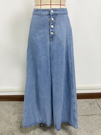 ハイウエストパネルデニムマキシスカート（レディース） - ブルーボヘミアンAラインフレアロングスカート（ボタン付き） - 2026年春カジュアルストリートウェア