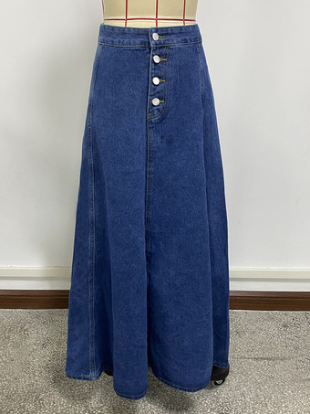 ディープブルーハイウエストパネルデニムマキシスカート（レディース） - ブルーボヘミアンAラインフレアロングスカート（ボタン付き） - 2026年春カジュアルストリートウェア