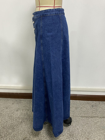 ハイウエストパネルデニムマキシスカート（レディース） - ブルーボヘミアンAラインフレアロングスカート（ボタン付き） - 2026年春カジュアルストリートウェア