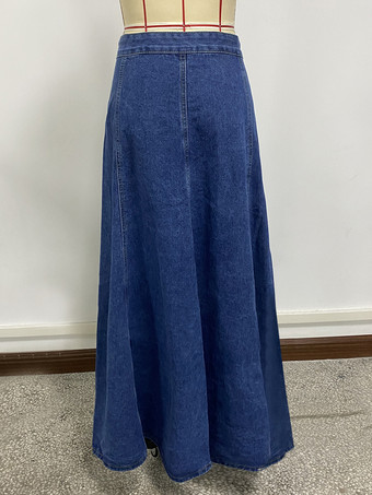 ハイウエストパネルデニムマキシスカート（レディース） - ブルーボヘミアンAラインフレアロングスカート（ボタン付き） - 2026年春カジュアルストリートウェア