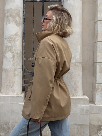 ピュアコットン製レディースユーティリティジャケット - フレンチシックなドローストリング付きスリムフィットウィンドブレーカー - 春のカジュアルアウター 2026