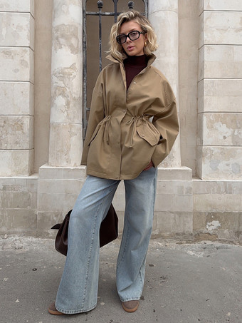 ピュアコットン製レディースユーティリティジャケット - フレンチシックなドローストリング付きスリムフィットウィンドブレーカー - 春のカジュアルアウター 2026