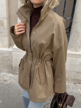 ピュアコットン製レディースユーティリティジャケット - フレンチシックなドローストリング付きスリムフィットウィンドブレーカー - 春のカジュアルアウター 2026