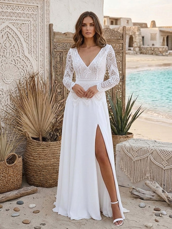 ツーピースの結婚式用ドレス、シフォン素材、Vネック、トレーン付き、ファスナー付き、長袖、ロング丈、ボヘミアン風ウェディングドレス
