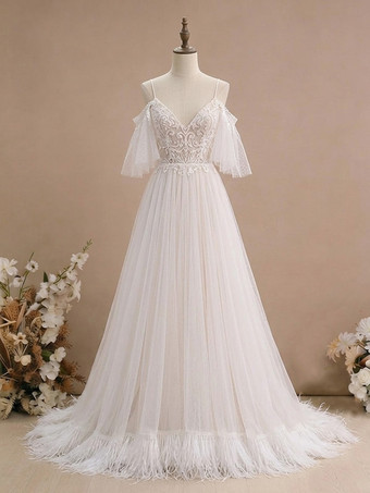 ボヘミアン風ウェディングドレス レース Aライン フロア丈 ナチュラルウエスト ファスナー付き 半袖 Vネック バニラクリーム