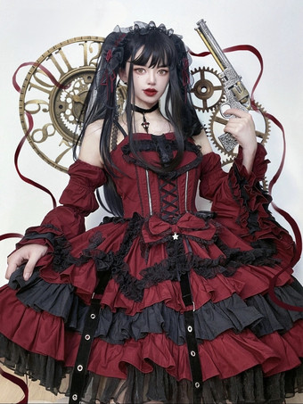 ワインレッド   ゴシックロリータドレス 時崎狂三 フリルレーススリップドレス