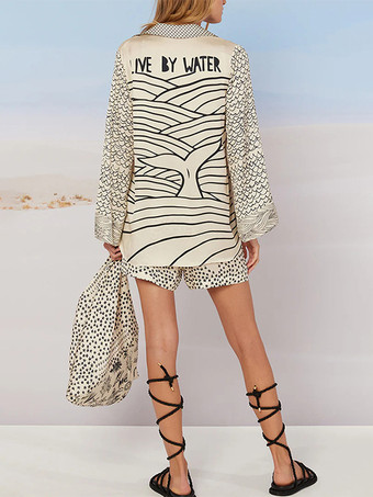 サテンプリントのレディースパジャマセット - 海辺のグラフィックVネック長袖シャツとショートパンツ - サマークルーズパーティー2026