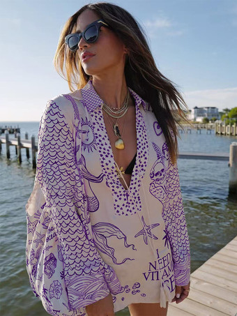 パープル サテンプリントのレディースパジャマセット - 海辺のグラフィックVネック長袖シャツとショートパンツ - サマークルーズパーティー2026